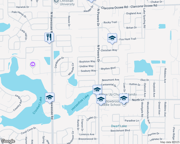 map of restaurants, bars, coffee shops, grocery stores, and more near 6334 Seabury Way in Orlando