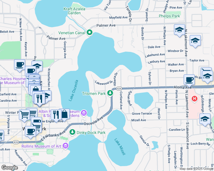 map of restaurants, bars, coffee shops, grocery stores, and more near 450 Lakewood Drive in Winter Park