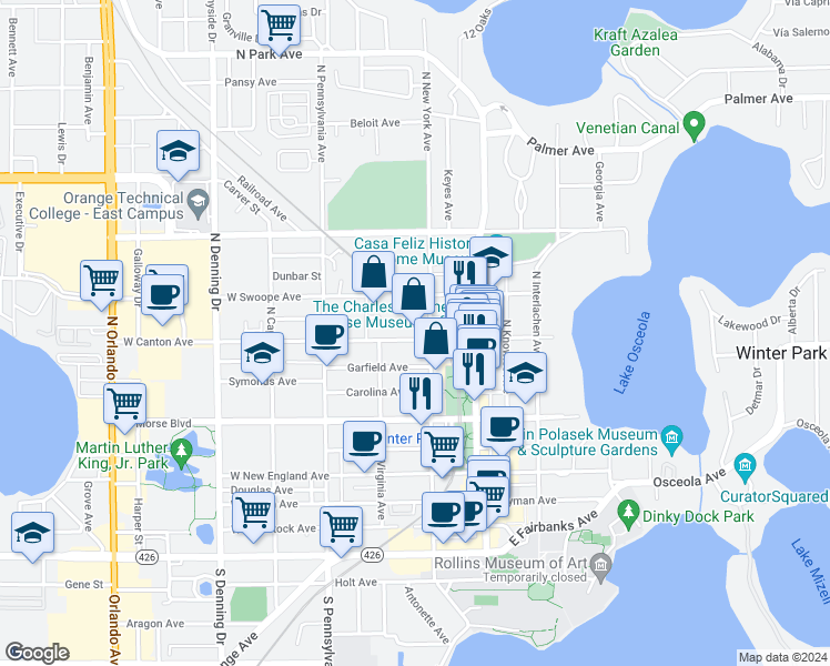 map of restaurants, bars, coffee shops, grocery stores, and more near 343 West Canton Avenue in Winter Park