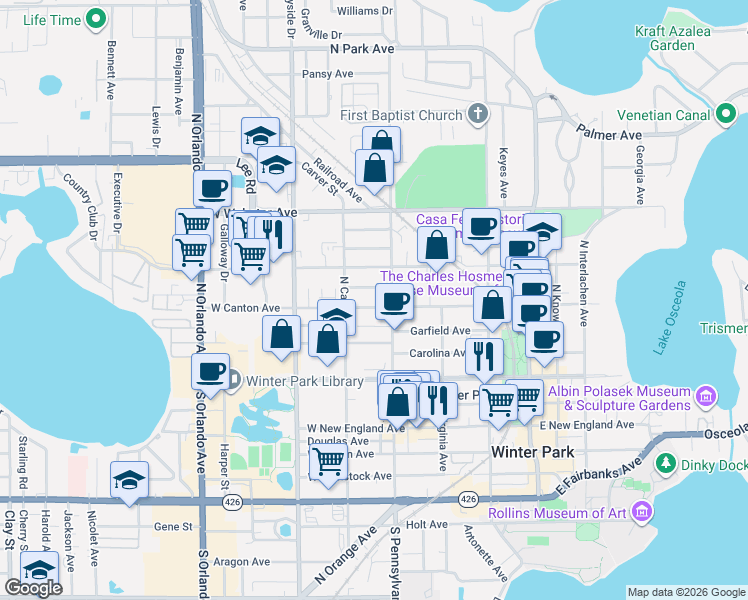 map of restaurants, bars, coffee shops, grocery stores, and more near 411 North Pennsylvania Avenue in Winter Park