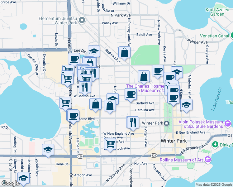 map of restaurants, bars, coffee shops, grocery stores, and more near 707 West Canton Avenue in Winter Park