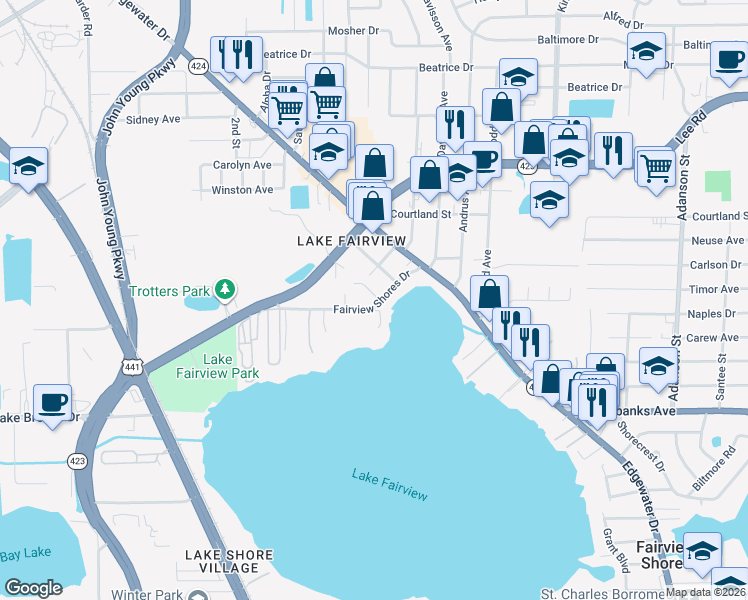 map of restaurants, bars, coffee shops, grocery stores, and more near 1762 Fairview Shores Drive in Orlando