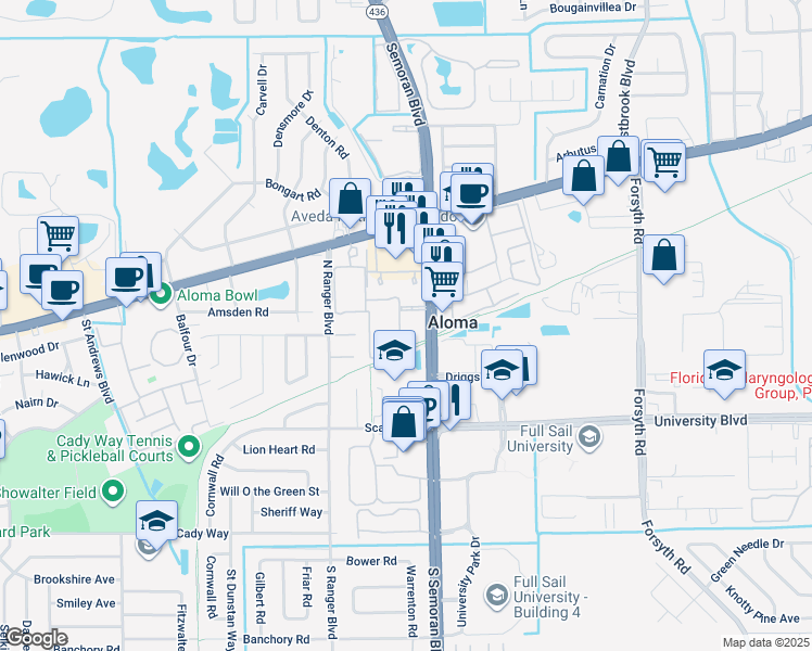 map of restaurants, bars, coffee shops, grocery stores, and more near 3040 Aloma Avenue in Winter Park