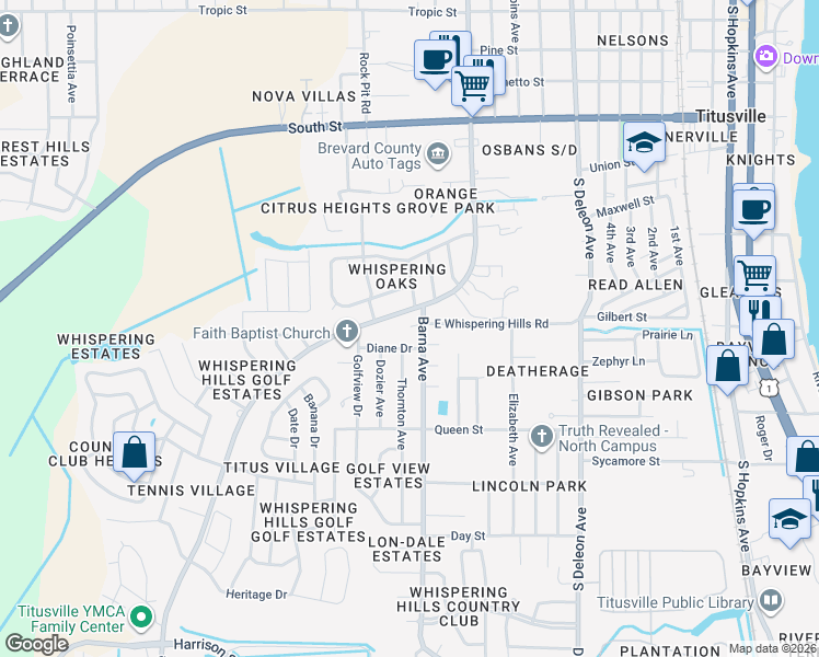 map of restaurants, bars, coffee shops, grocery stores, and more near 1760 Diane Drive in Titusville