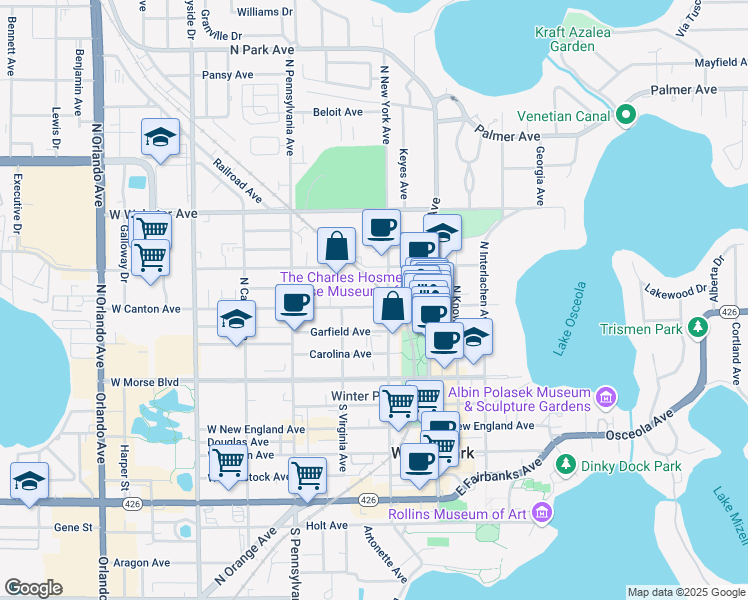map of restaurants, bars, coffee shops, grocery stores, and more near 280 West Canton Avenue in Winter Park