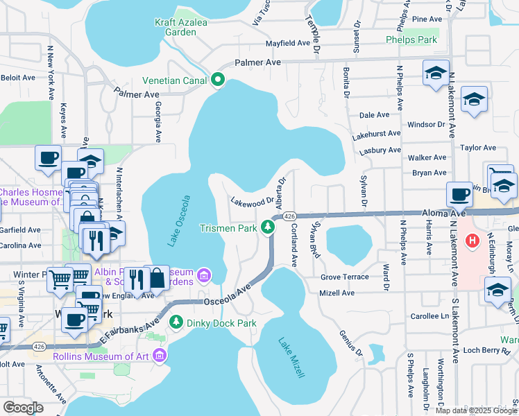 map of restaurants, bars, coffee shops, grocery stores, and more near 450 Lakewood Drive in Winter Park