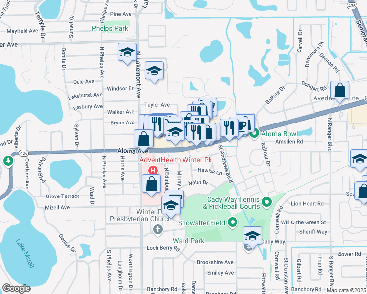 map of restaurants, bars, coffee shops, grocery stores, and more near 2011 Florida 426 in Winter Park