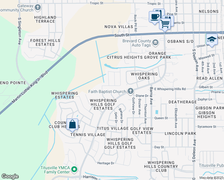 map of restaurants, bars, coffee shops, grocery stores, and more near 2050 Logan Drive in Titusville