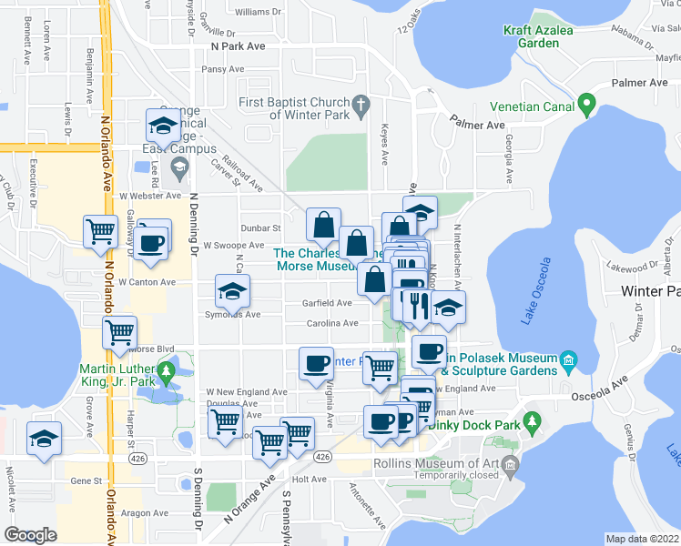 map of restaurants, bars, coffee shops, grocery stores, and more near 343 West Canton Avenue in Winter Park
