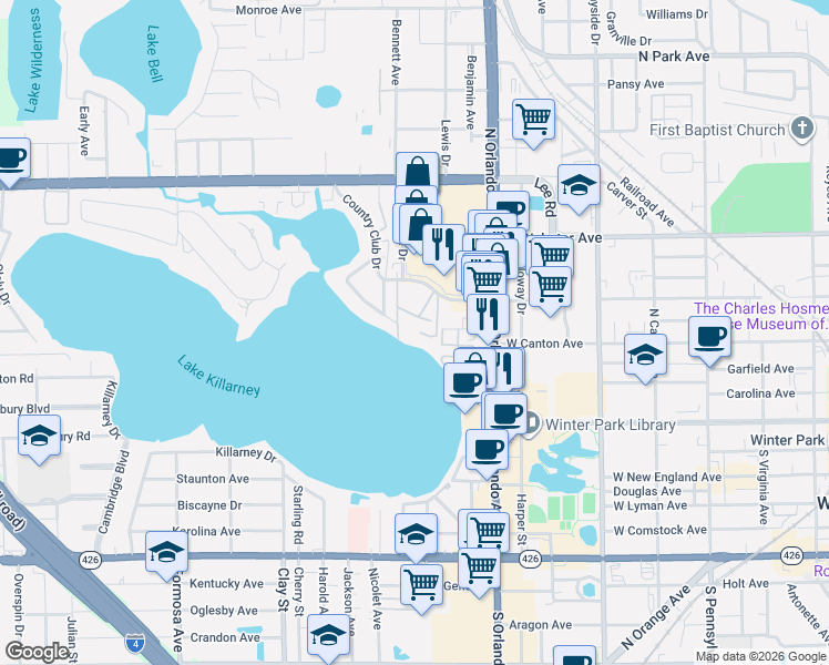 map of restaurants, bars, coffee shops, grocery stores, and more near 1500 Gay Road in Winter Park