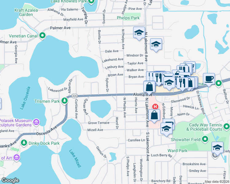 map of restaurants, bars, coffee shops, grocery stores, and more near 410 Sylvan Drive in Winter Park