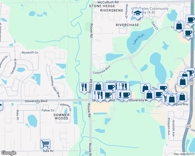 map of restaurants, bars, coffee shops, grocery stores, and more near Silver Knight Way in Orlando