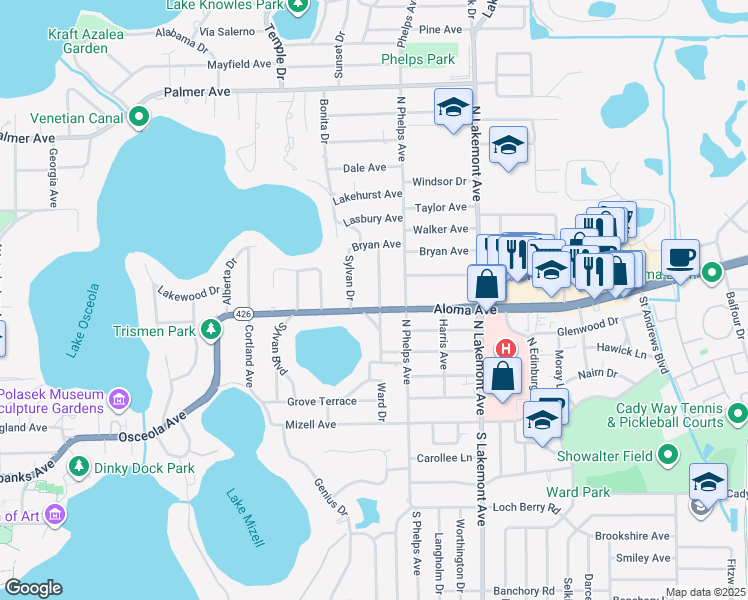 map of restaurants, bars, coffee shops, grocery stores, and more near 410 Sylvan Drive in Winter Park