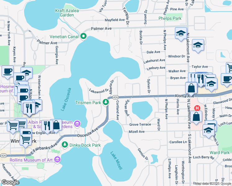 map of restaurants, bars, coffee shops, grocery stores, and more near 320 Cortland Avenue in Winter Park