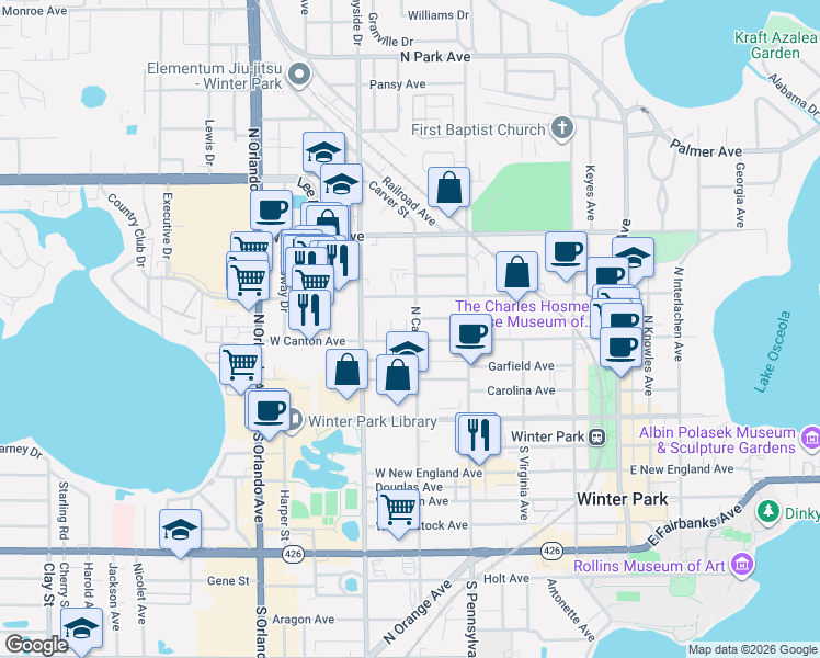 map of restaurants, bars, coffee shops, grocery stores, and more near 707 West Canton Avenue in Winter Park