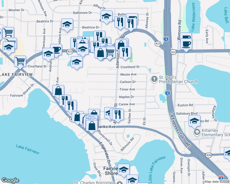 map of restaurants, bars, coffee shops, grocery stores, and more near 909 Naples Drive in Orlando