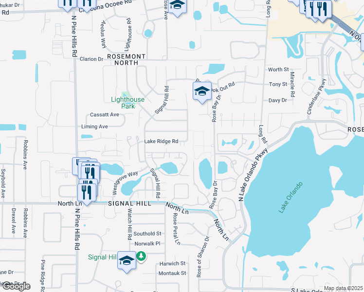 map of restaurants, bars, coffee shops, grocery stores, and more near 4600 Lighthouse Circle in Orlando