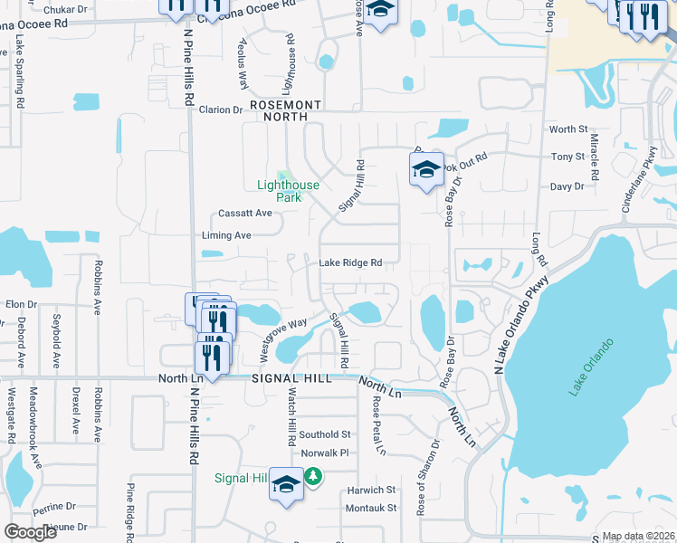 map of restaurants, bars, coffee shops, grocery stores, and more near 4550 Lighthouse Circle in Orlando