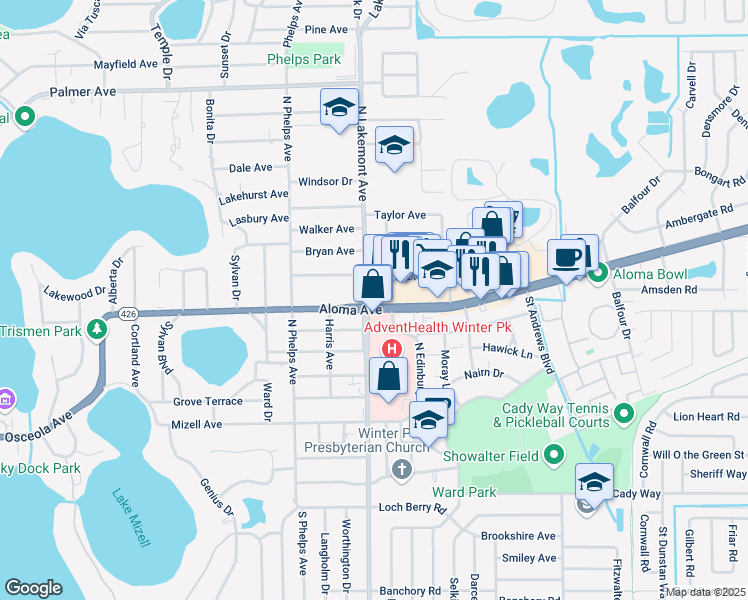 map of restaurants, bars, coffee shops, grocery stores, and more near 1917 Florida 426 in Winter Park