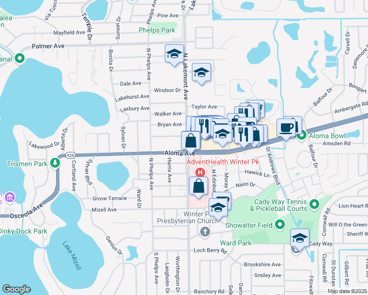 map of restaurants, bars, coffee shops, grocery stores, and more near 1861 Aloma Avenue in Winter Park