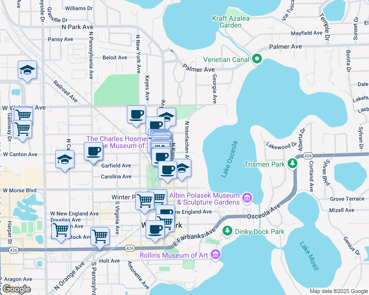 map of restaurants, bars, coffee shops, grocery stores, and more near 210 East Canton Avenue in Winter Park