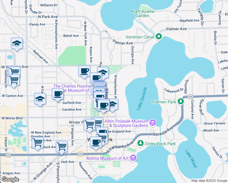 map of restaurants, bars, coffee shops, grocery stores, and more near 210 East Canton Avenue in Winter Park