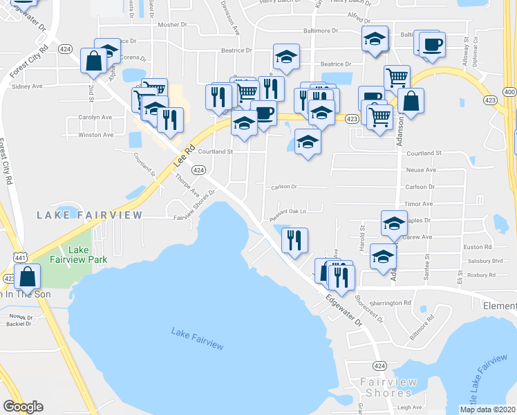 map of restaurants, bars, coffee shops, grocery stores, and more near 4519 Goddard Avenue in Orlando