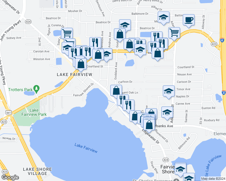 map of restaurants, bars, coffee shops, grocery stores, and more near 4524 Goddard Avenue in Orlando