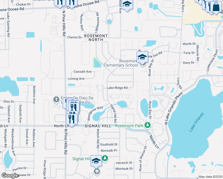 map of restaurants, bars, coffee shops, grocery stores, and more near 4864 Signal Hill Road in Orlando