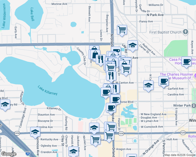 map of restaurants, bars, coffee shops, grocery stores, and more near 1500 Gay Road in Winter Park