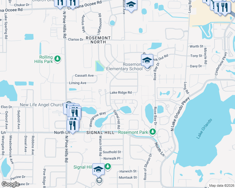 map of restaurants, bars, coffee shops, grocery stores, and more near 4550 Lighthouse Circle in Orlando