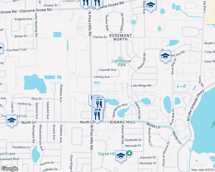 map of restaurants, bars, coffee shops, grocery stores, and more near 4793 North Pine Hills Road in Orlando