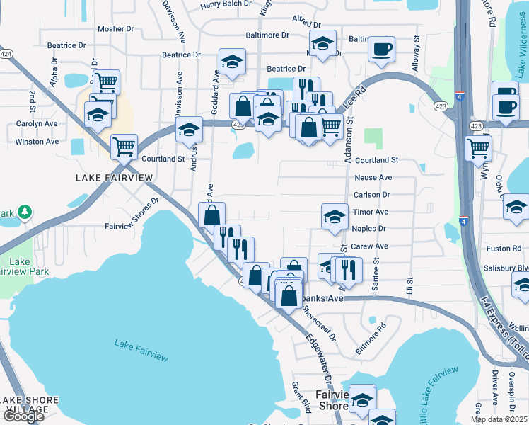 map of restaurants, bars, coffee shops, grocery stores, and more near 1356 Pleasant Oak Lane in Orlando