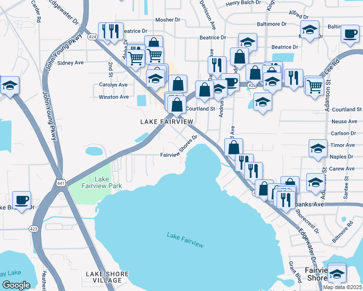 map of restaurants, bars, coffee shops, grocery stores, and more near 1762 Fairview Shores Drive in Orlando
