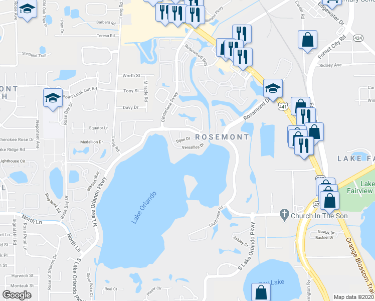 map of restaurants, bars, coffee shops, grocery stores, and more near 4000 Versailles Drive in Orlando