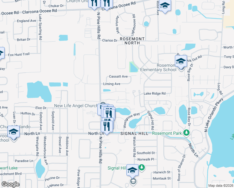 map of restaurants, bars, coffee shops, grocery stores, and more near 4793 North Pine Hills Road in Orlando