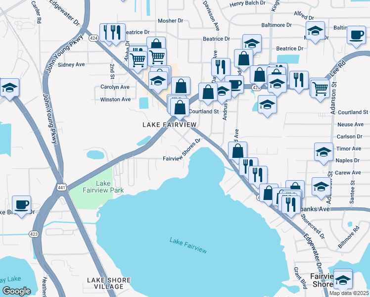 map of restaurants, bars, coffee shops, grocery stores, and more near 1762 Fairview Shores Drive in Orlando