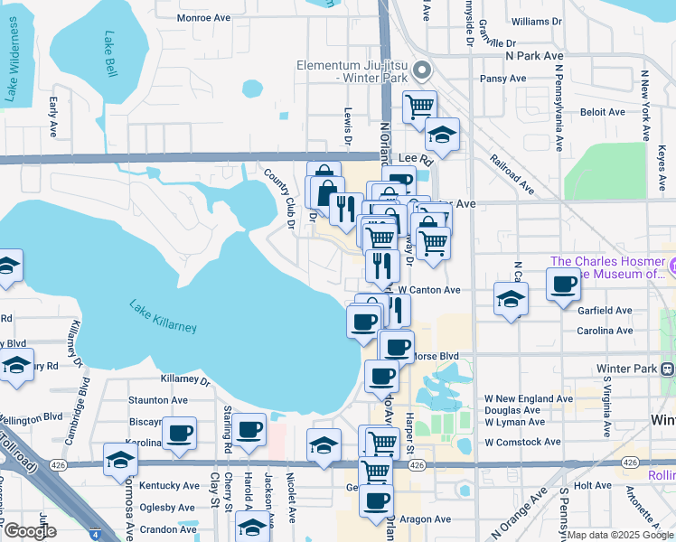 map of restaurants, bars, coffee shops, grocery stores, and more near 1500 Gay Road in Winter Park