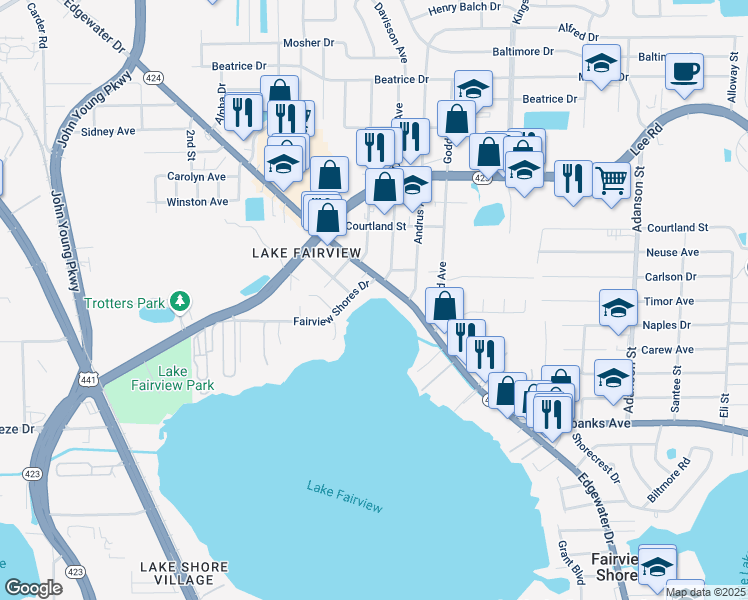map of restaurants, bars, coffee shops, grocery stores, and more near 1768 Fairview Shores Drive in Orlando