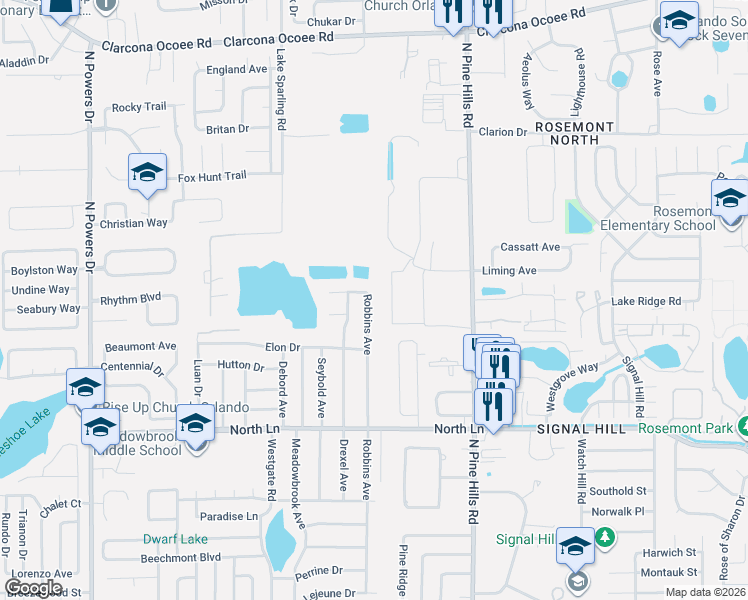 map of restaurants, bars, coffee shops, grocery stores, and more near 4732 Robbins Avenue in Orlando