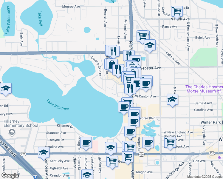 map of restaurants, bars, coffee shops, grocery stores, and more near 1500 Gay Road in Winter Park