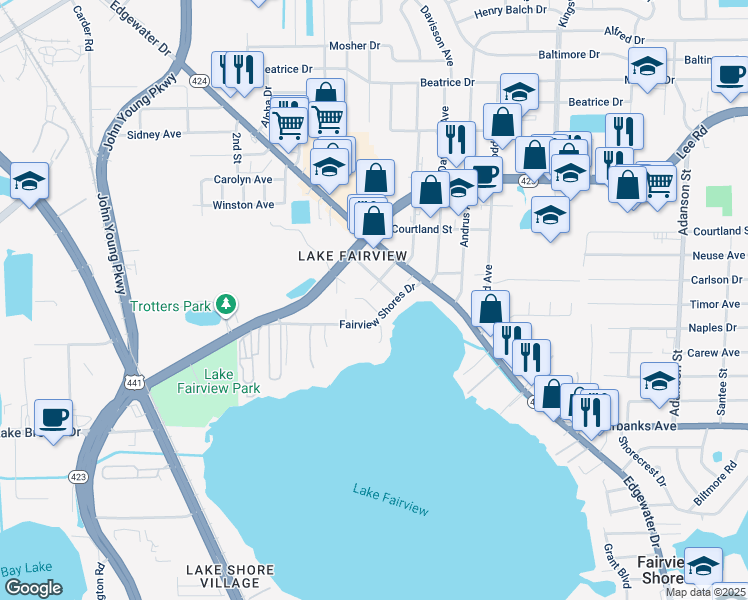 map of restaurants, bars, coffee shops, grocery stores, and more near 1753 Fairview Shores Drive in Orlando