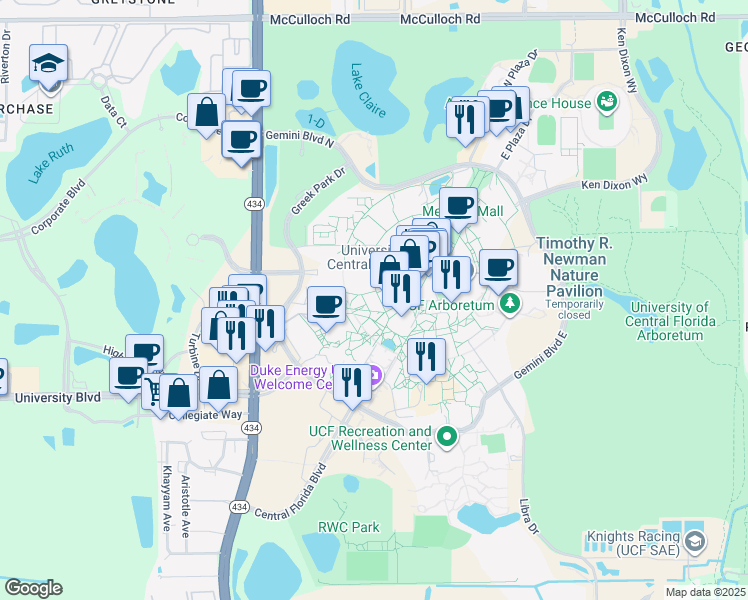 map of restaurants, bars, coffee shops, grocery stores, and more near 12778 Aquarius Agora Drive in Orlando