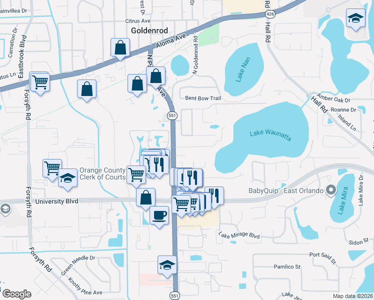 map of restaurants, bars, coffee shops, grocery stores, and more near 7564 Glenmoor Lane in Winter Park