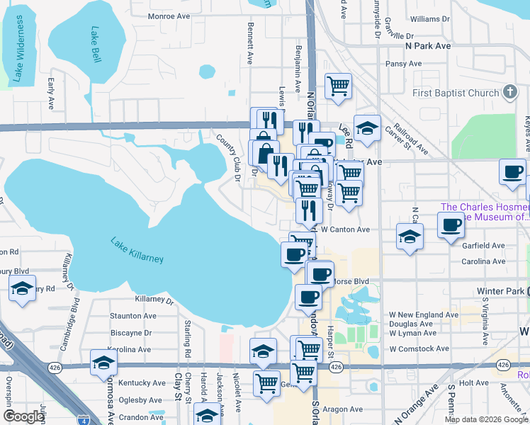 map of restaurants, bars, coffee shops, grocery stores, and more near 1500 Gay Road in Winter Park