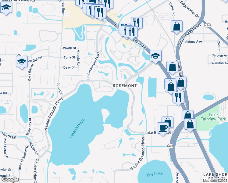 map of restaurants, bars, coffee shops, grocery stores, and more near 3924 Versailles Drive in Orlando