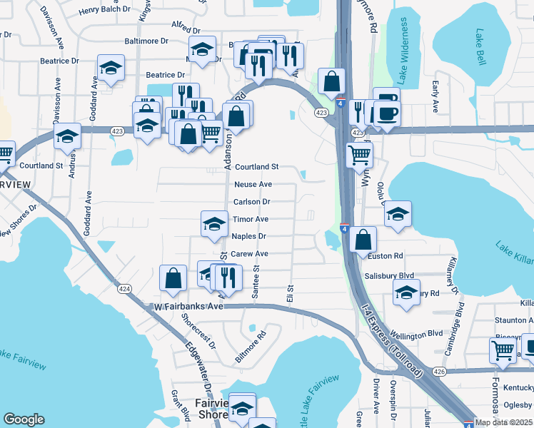 map of restaurants, bars, coffee shops, grocery stores, and more near 766 Carlson Drive in Orlando