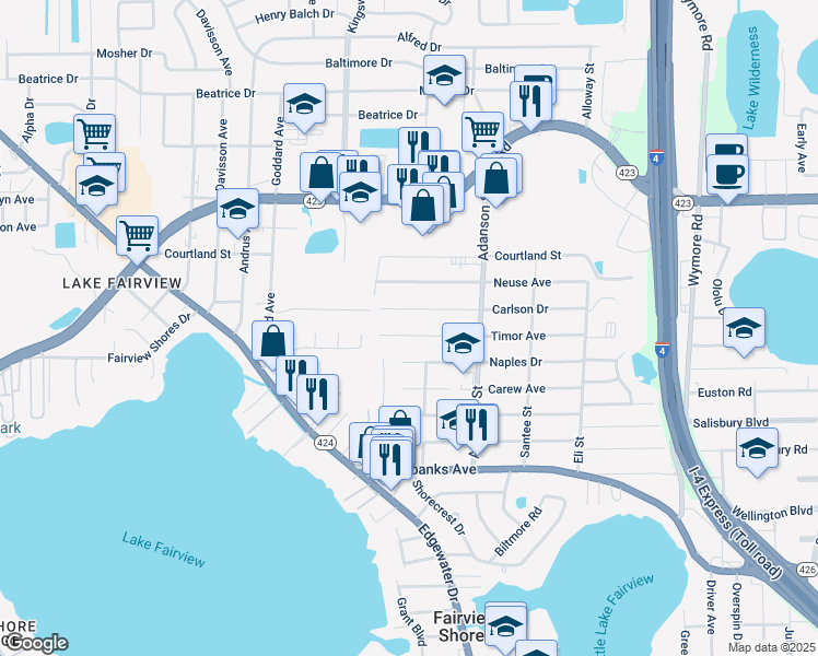 map of restaurants, bars, coffee shops, grocery stores, and more near 1012 Carlson Drive in Orlando
