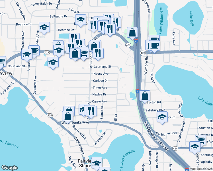 map of restaurants, bars, coffee shops, grocery stores, and more near 766 Carlson Drive in Orlando