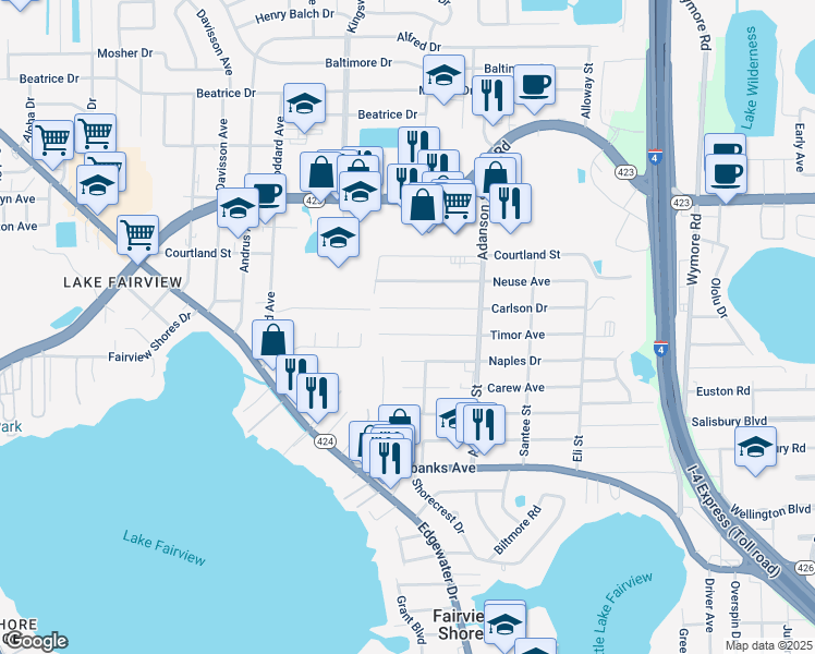 map of restaurants, bars, coffee shops, grocery stores, and more near 1012 Carlson Drive in Orlando